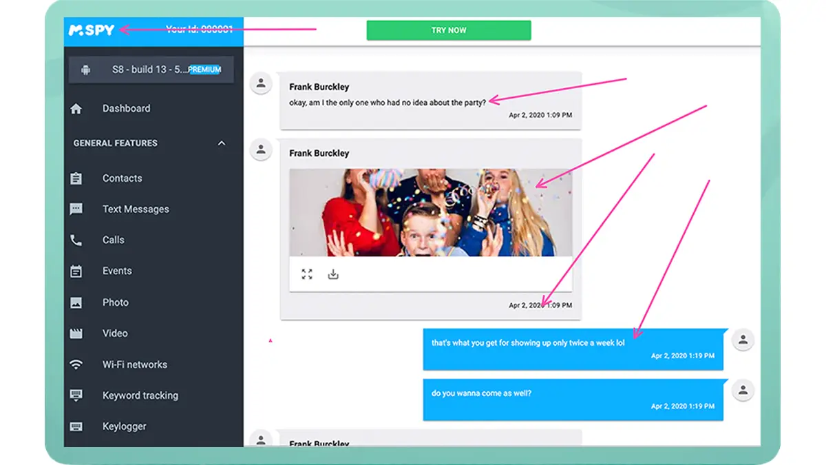 Tableau de bord mSpy montrant la surveillance des messages WhatsApp, incluant les textes et les photos échangées.