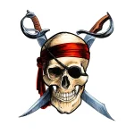 Crâne de pirate avec bandeau rouge et sabres croisés, symbole du piratage streaming.