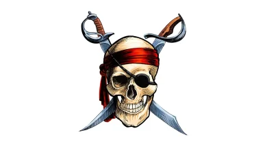 Crâne de pirate avec bandeau rouge et sabres croisés, symbole du piratage streaming.