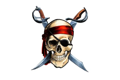 Crâne de pirate avec bandeau rouge et sabres croisés, symbole du piratage streaming.