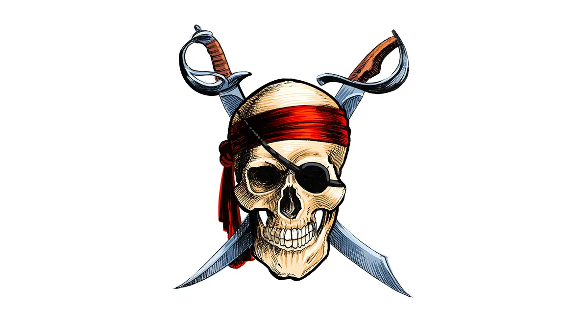 Crâne de pirate avec bandeau rouge et sabres croisés, symbole du piratage streaming.