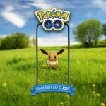 Évoli dans Pokémon GO Community Day Classic, posé dans un champ vert sous un ciel bleu.