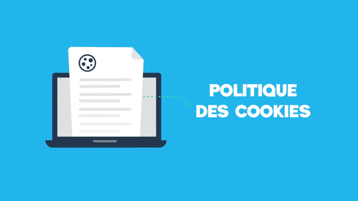 Ordinateur affichant un document illustrant la politique des cookies sur fond bleu