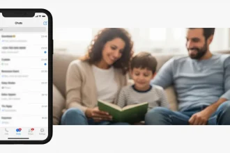 Application de surveillance WhatsApp sur un smartphone, avec en fond une famille symbolisant le besoin de contrôle parental.