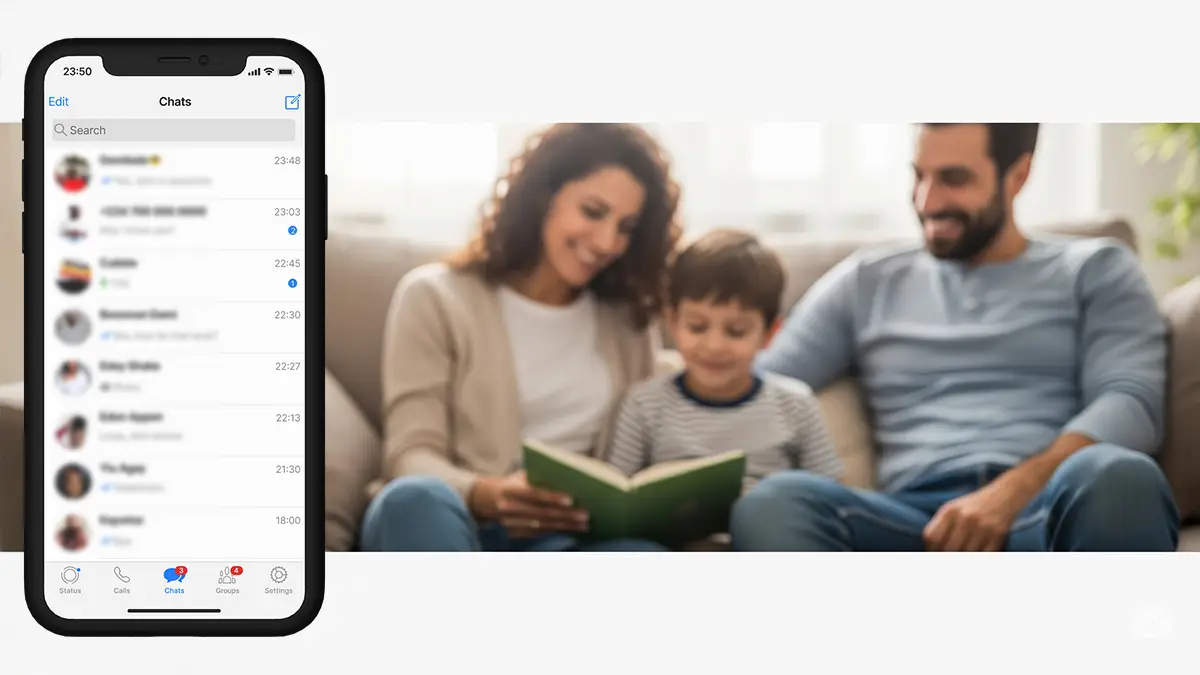 Application de surveillance WhatsApp sur un smartphone, avec en fond une famille symbolisant le besoin de contrôle parental.