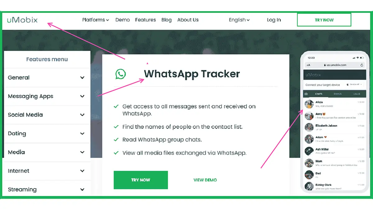 Capture d'écran de la page du tracker WhatsApp de uMobix, détaillant les fonctionnalités de surveillance des messages et des médias.