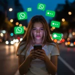 Jeune femme débordée par des notifications WhatsApp sur une avenue éclairée