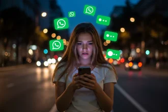 Jeune femme débordée par des notifications WhatsApp sur une avenue éclairée