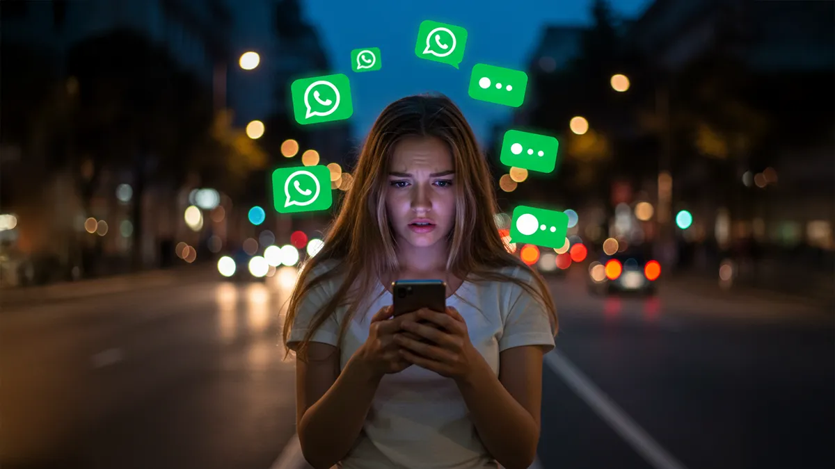 Jeune femme débordée par des notifications WhatsApp sur une avenue éclairée