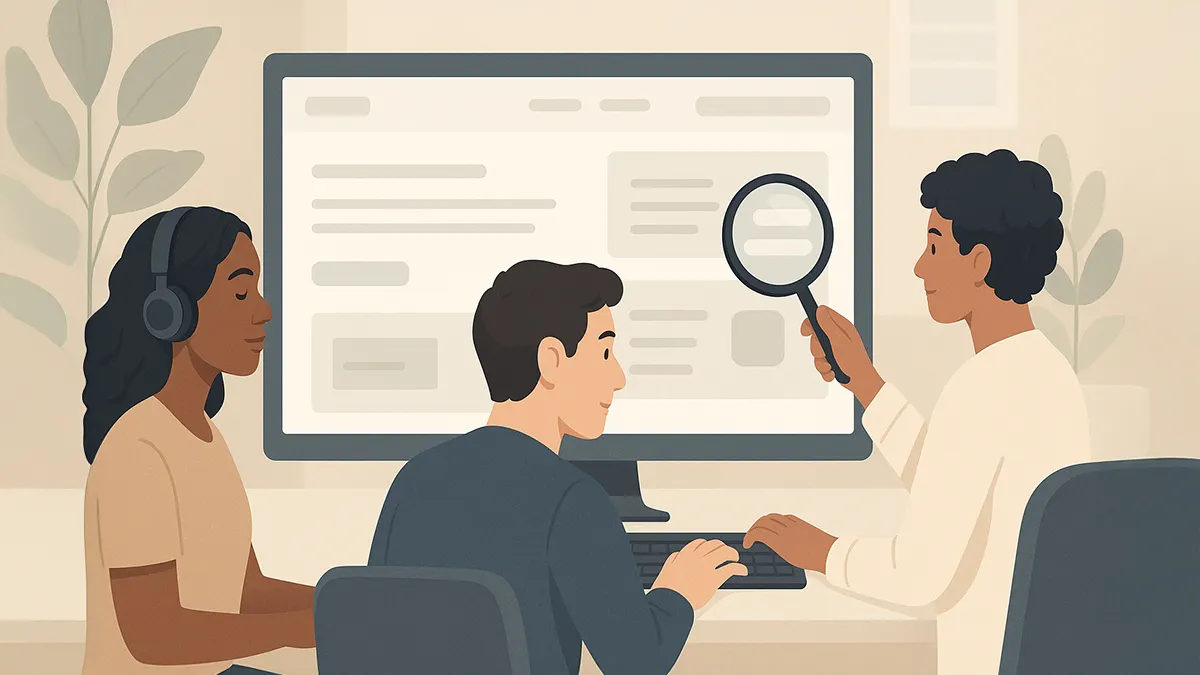 Trois personnes testent un site web accessible, avec lecture vocale, clavier et loupe.