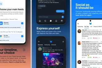 Interface Bluesky présentant le choix des feeds personnalisés, la messagerie et un fil principal modulable pour la découverte.