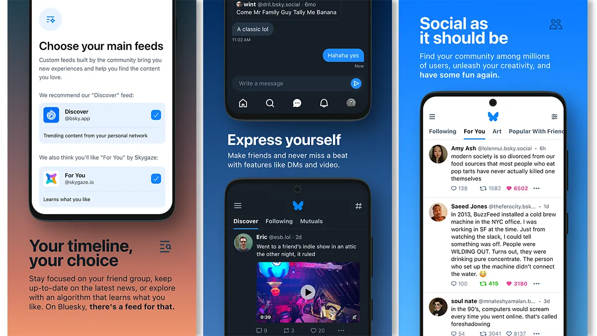 Interface Bluesky présentant le choix des feeds personnalisés, la messagerie et un fil principal modulable pour la découverte.