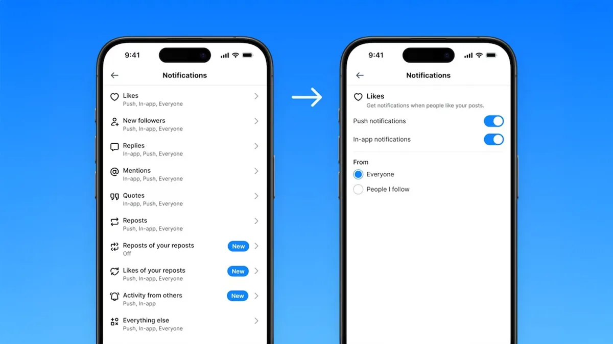 Réglages des notifications Bluesky sur iPhone, comparaison entre vue générale et écran de détail pour réduire le bruit.