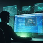 Analyste devant un écran, fenêtres de code, montrant la contamination à la recherche qui biaise les benchmarks IA connectés.