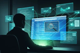 Analyste devant un écran, fenêtres de code, montrant la contamination à la recherche qui biaise les benchmarks IA connectés.