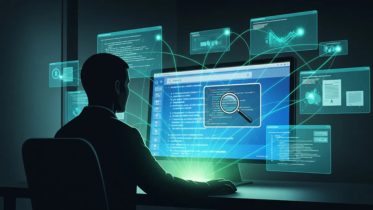 Analyste devant un écran, fenêtres de code, montrant la contamination à la recherche qui biaise les benchmarks IA connectés.