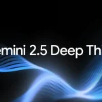Logo Gemini 2.5 Deep Think sur fond noir animé d’ondes bleues stylisées.