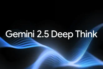 Logo Gemini 2.5 Deep Think sur fond noir animé d’ondes bleues stylisées.