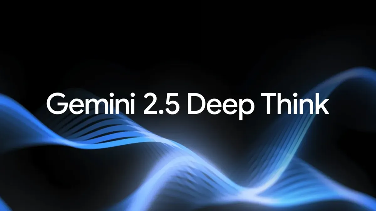 Logo Gemini 2.5 Deep Think sur fond noir animé d’ondes bleues stylisées.