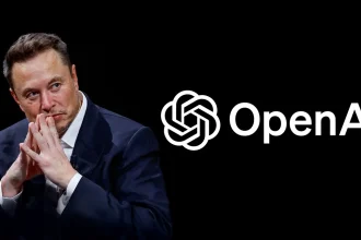Elon Musk devant le logo OpenAI sur fond noir, dossier sur la demande de blocage d’accès à des documents détenus par Meta