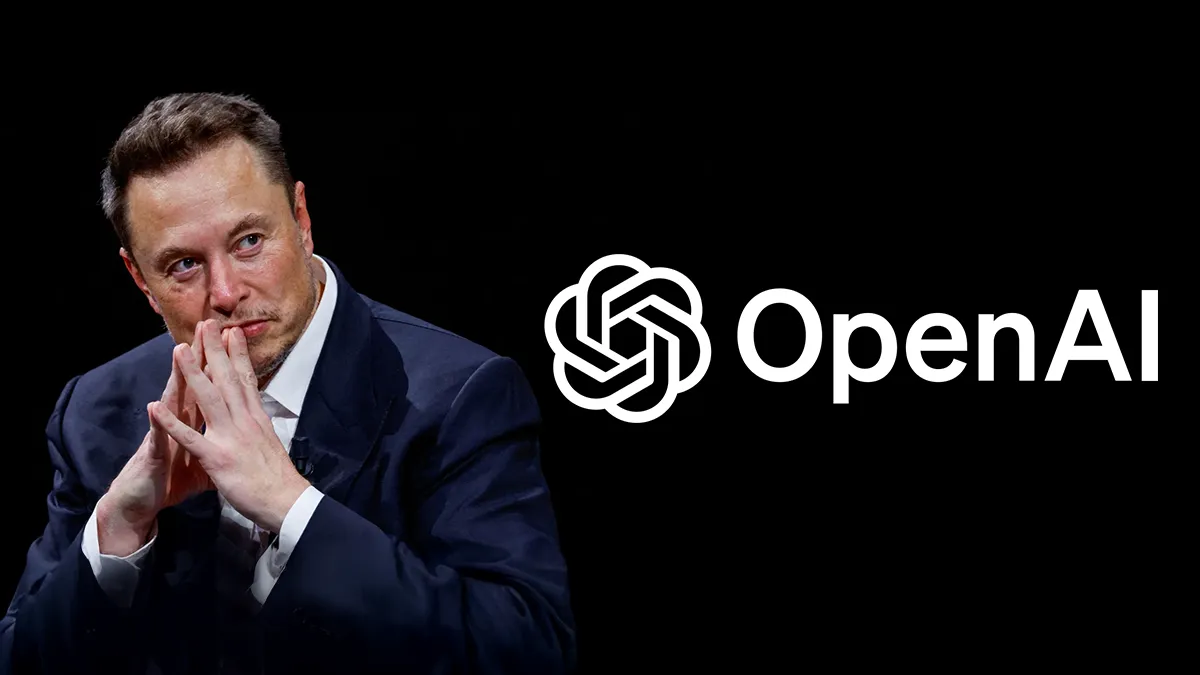 Elon Musk devant le logo OpenAI sur fond noir, dossier sur la demande de blocage d’accès à des documents détenus par Meta