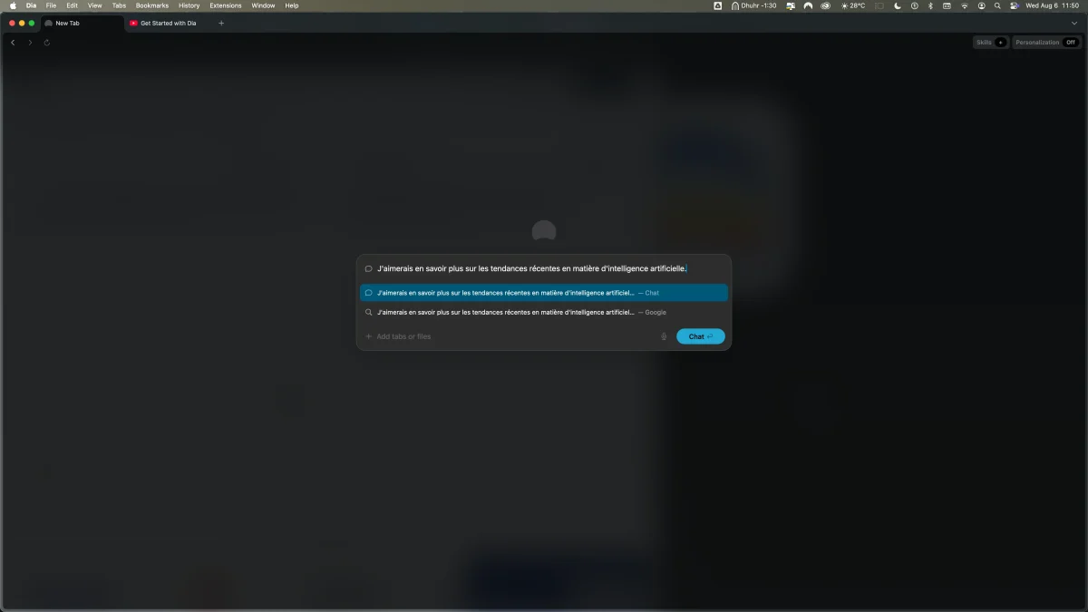 Interface du navigateur Dia avec une barre de recherche en langage naturel