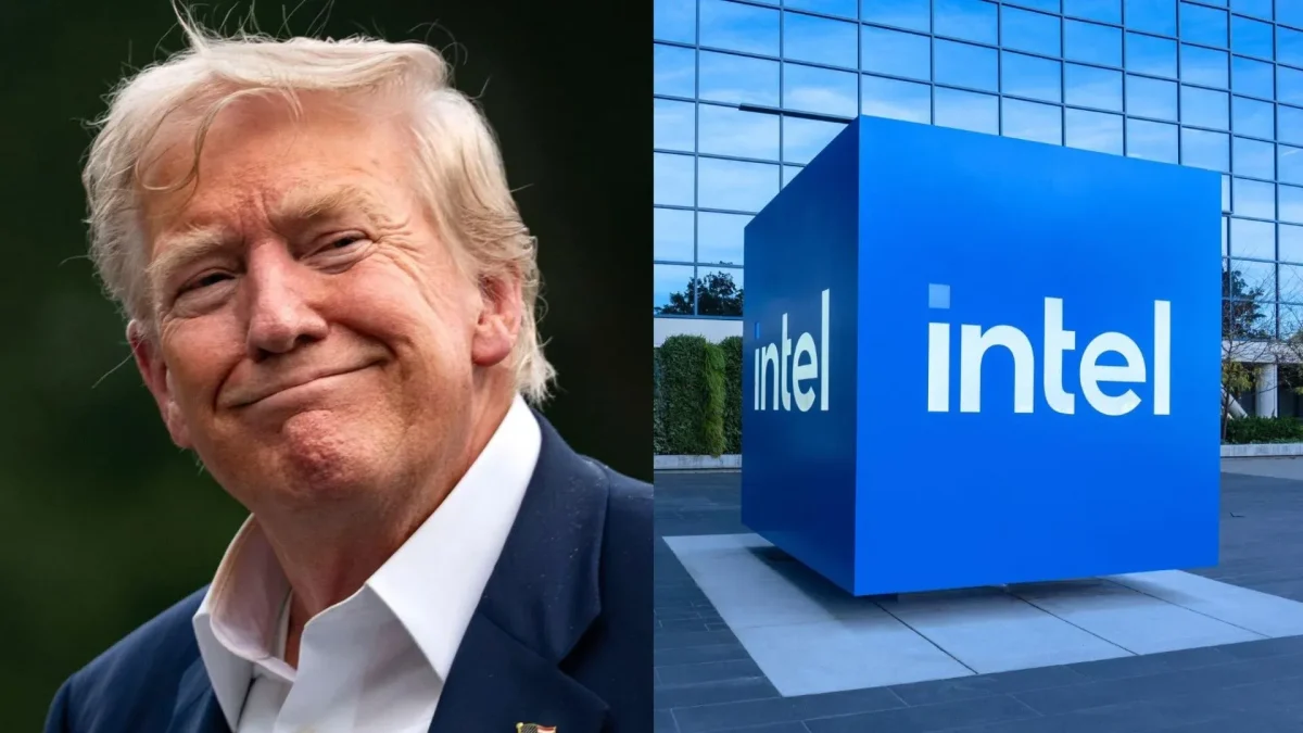 Donald Trump à gauche et le logo Intel à droite, image symbolisant l'entrée au capital d'Intel par l'État américain