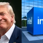 Donald Trump à gauche et le logo Intel à droite, image symbolisant l'entrée au capital d'Intel par l'État américain