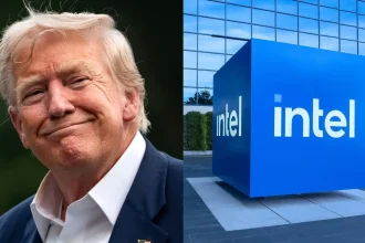 Donald Trump à gauche et le logo Intel à droite, image symbolisant l'entrée au capital d'Intel par l'État américain
