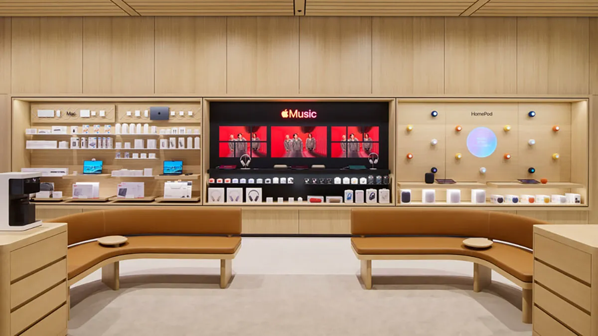 Espace Apple Music et HomePod dans un Apple Store, illustration des annonces Apple d’octobre.