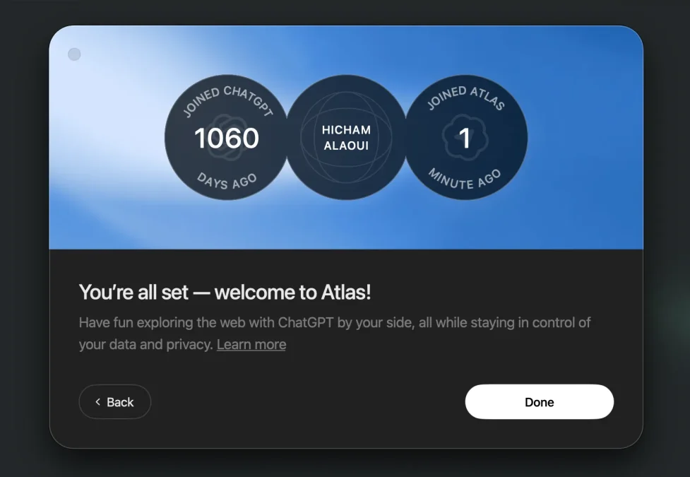 Écran de fin de configuration « welcome to Atlas » confirmant l’activation et l’ancienneté du compte ChatGPT.