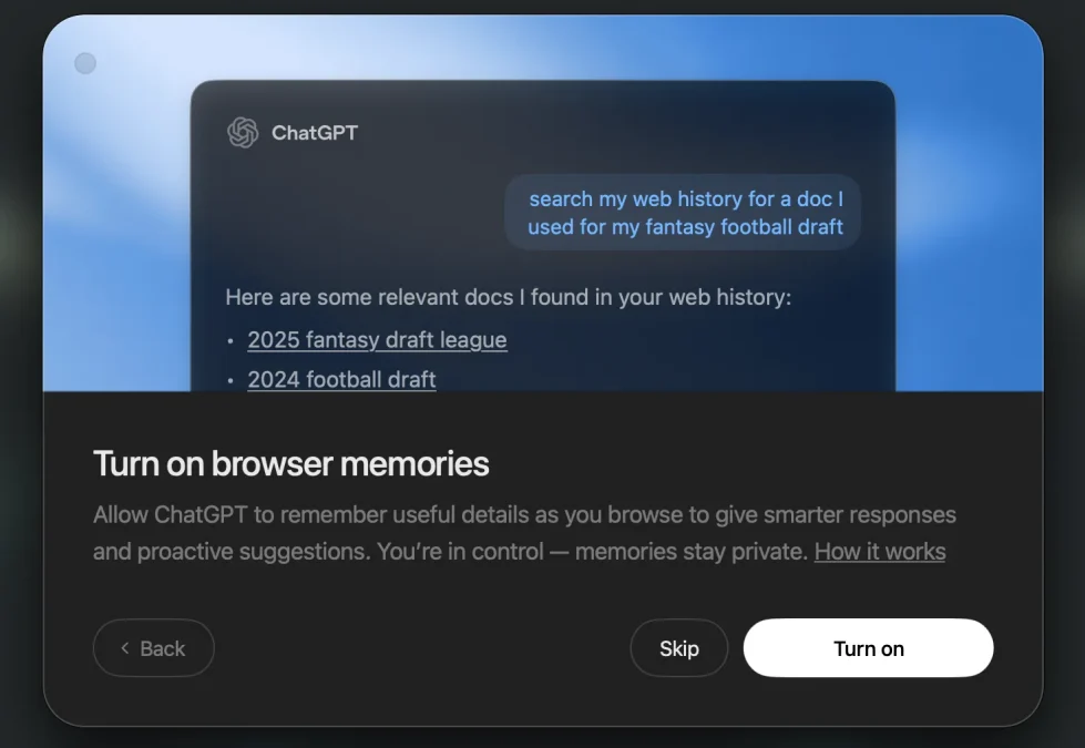 Activation des « browser memories » dans ChatGPT Atlas, option facultative pour retenir des informations utiles de navigation.