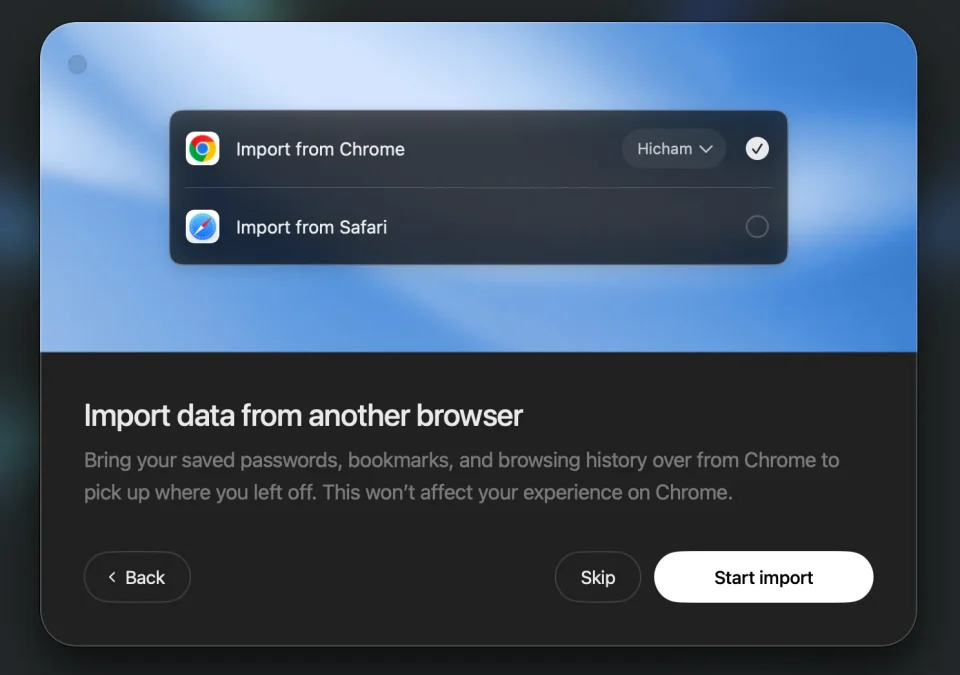 Options d’import Chrome et Safari pour transférer mots de passe, favoris et historique dans ChatGPT Atlas.