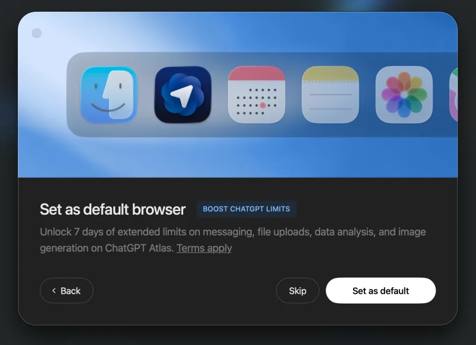 Option définir ChatGPT Atlas comme navigateur par défaut avec avantage temporaire de limites étendues.
