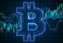 Symbole du bitcoin sur fond de graphiques financiers illustrant la hausse du marché