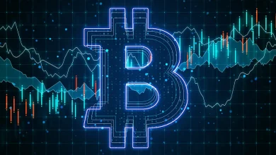 Symbole du bitcoin sur fond de graphiques financiers illustrant la hausse du marché