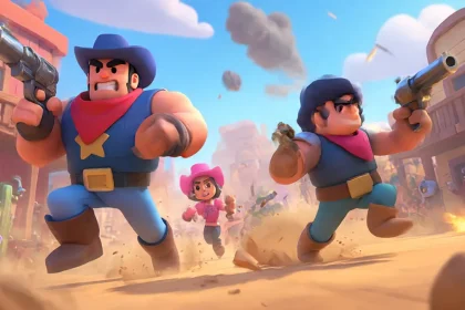 Brawl Stars ranked 2025, deux brawlers foncent et tirent dans un décor western, scène d’action liée au mode classé