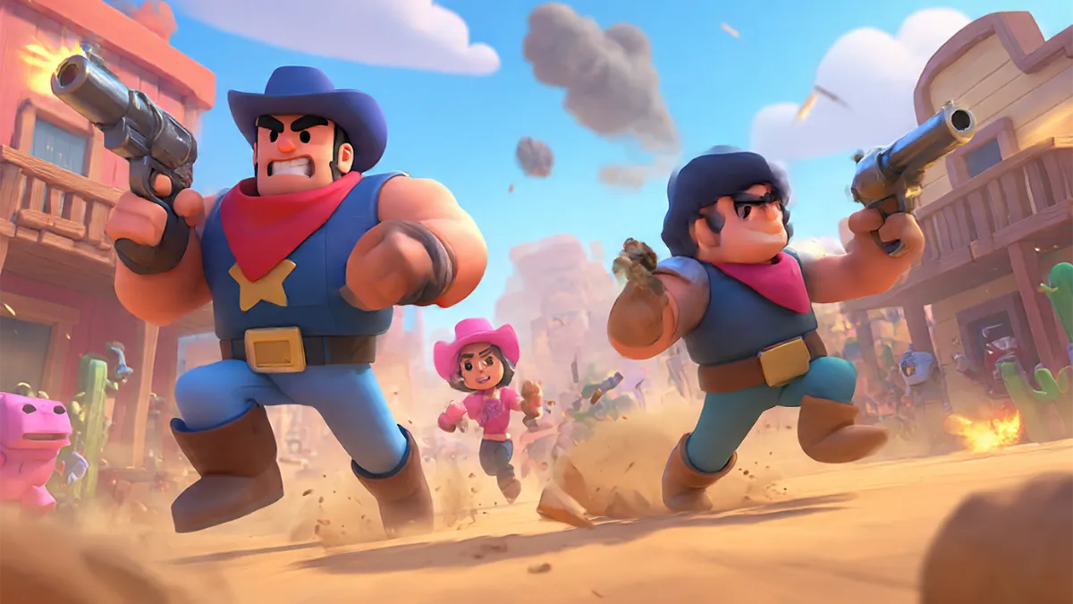 Brawl Stars ranked 2025, deux brawlers foncent et tirent dans un décor western, scène d’action liée au mode classé