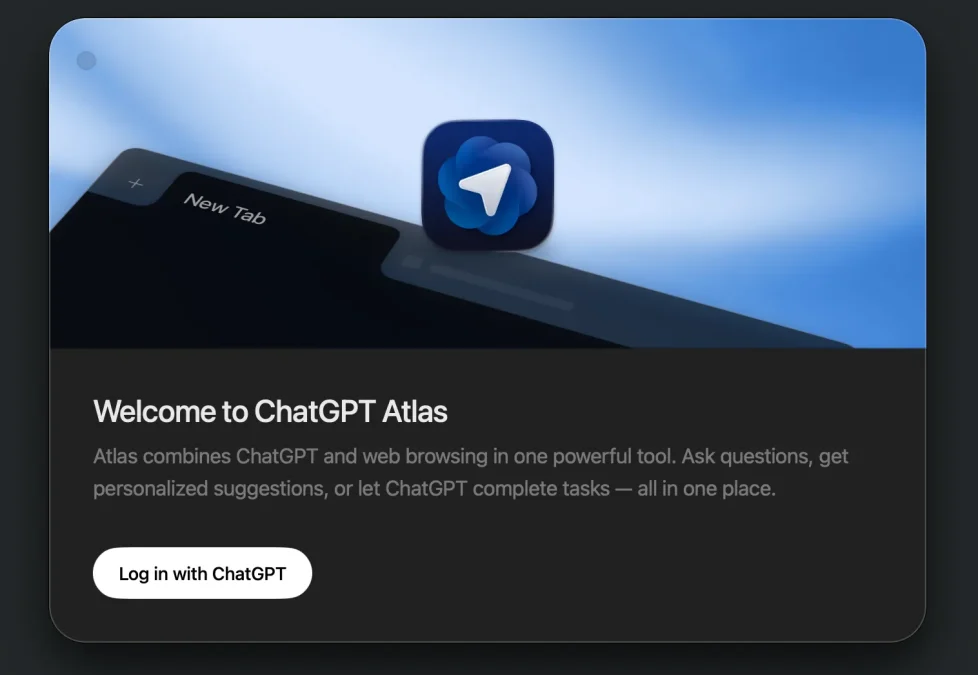 Écran d’accueil de ChatGPT Atlas sur macOS avec bouton « Log in with ChatGPT », début de configuration du navigateur.