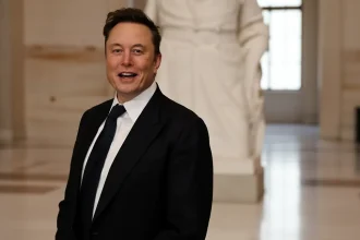 Elon Musk dans un hall officiel, annonce de Grokipedia par xAI face à Wikipedia