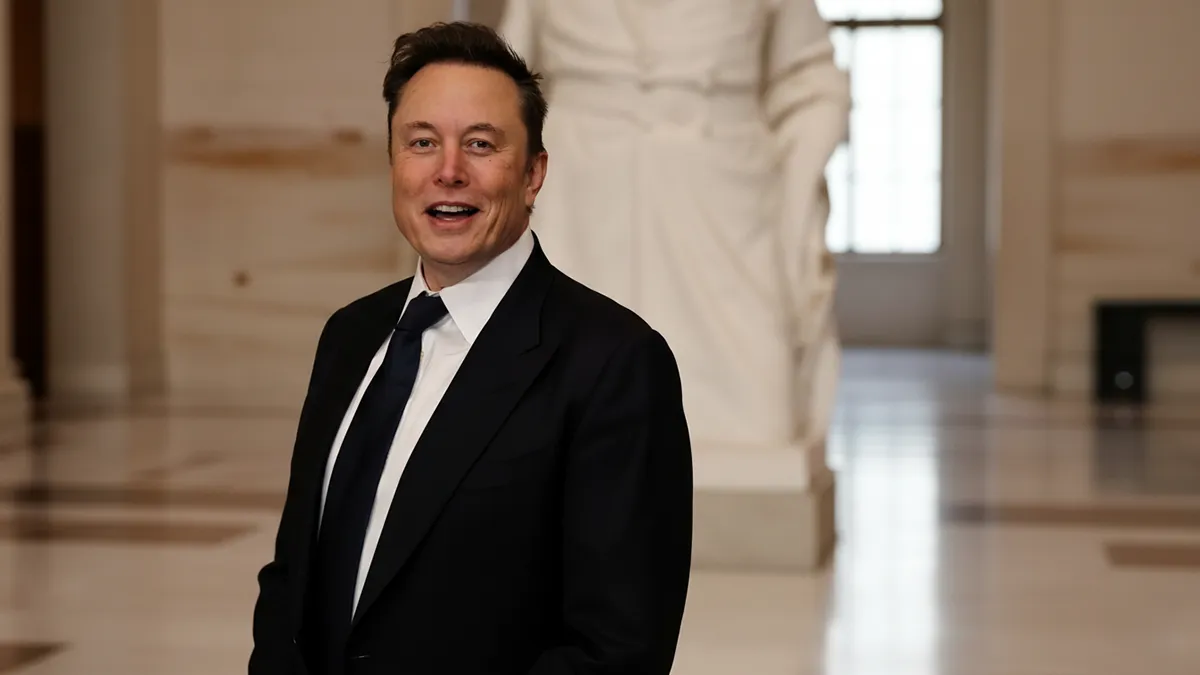 Elon Musk dans un hall officiel, annonce de Grokipedia par xAI face à Wikipedia