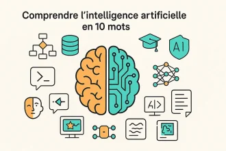 Illustration d’un cerveau mi-humain mi-numérique entouré d’icônes représentant dix notions clés de l’intelligence artificielle.