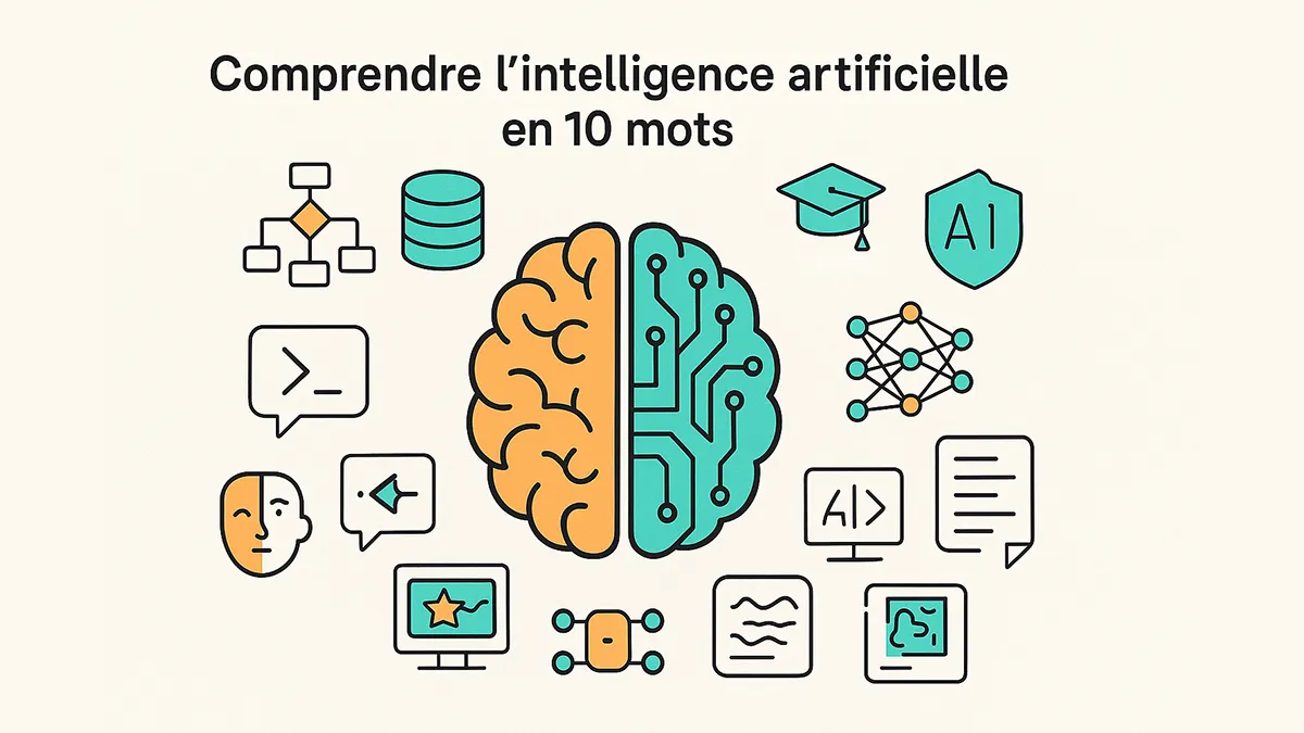 Illustration d’un cerveau mi-humain mi-numérique entouré d’icônes représentant dix notions clés de l’intelligence artificielle.