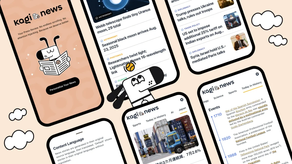 Interface mobile de Kagi News présentant des articles quotidiens et un écran de personnalisation.