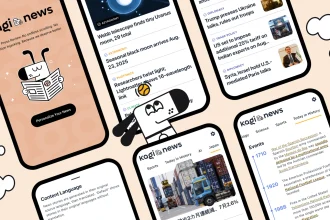 Interface mobile de Kagi News présentant des articles quotidiens et un écran de personnalisation.
