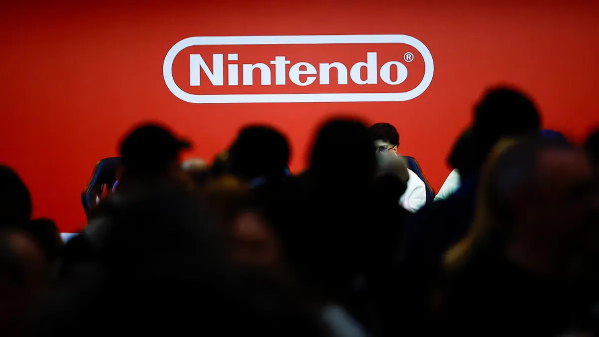Logo Nintendo sur fond rouge pendant un événement public