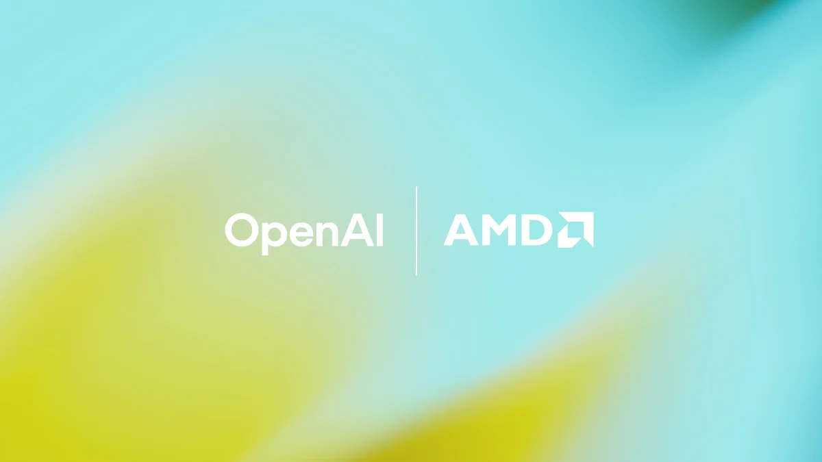 Logo du partenariat OpenAI et AMD sur fond dégradé bleu et jaune