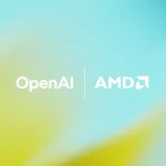 Logo du partenariat OpenAI et AMD sur fond dégradé bleu et jaune