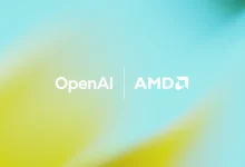 Logo du partenariat OpenAI et AMD sur fond dégradé bleu et jaune