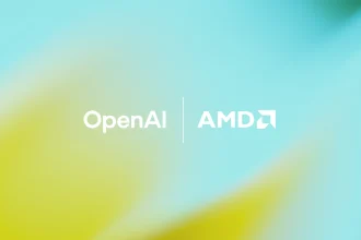 Logo du partenariat OpenAI et AMD sur fond dégradé bleu et jaune